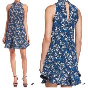 REBECCA TAYLOR Floral Mini Dress 4 Mystic Blue Mock Neck Sleeveless Ruffle Party